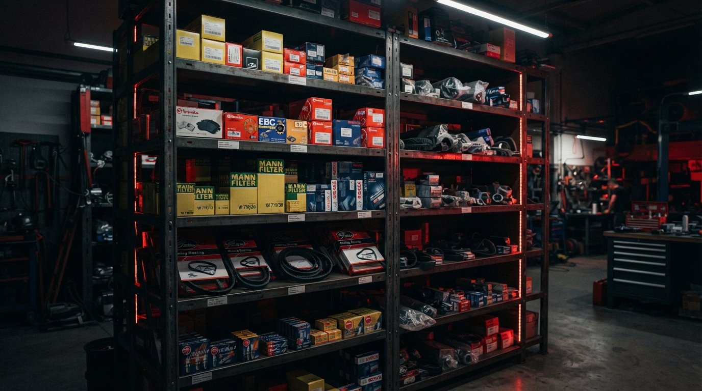 Automotive parts warehouse with organized inventory