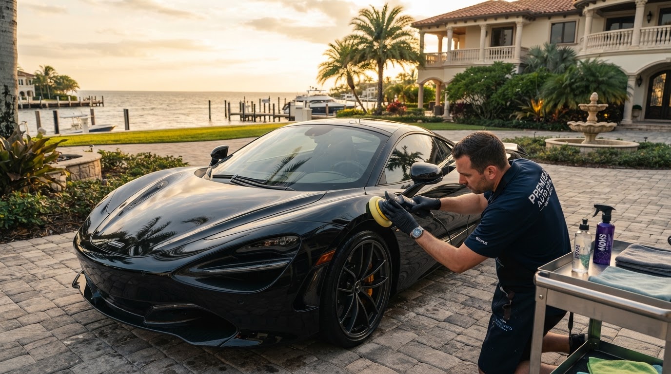 Luxury black sports car being detailed at golden hour in Delray Beach
