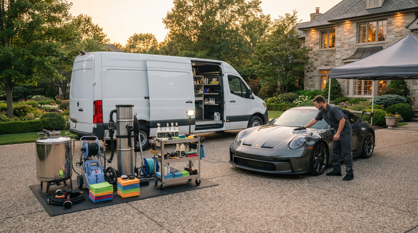 Mobile detailing setup at a luxury driveway