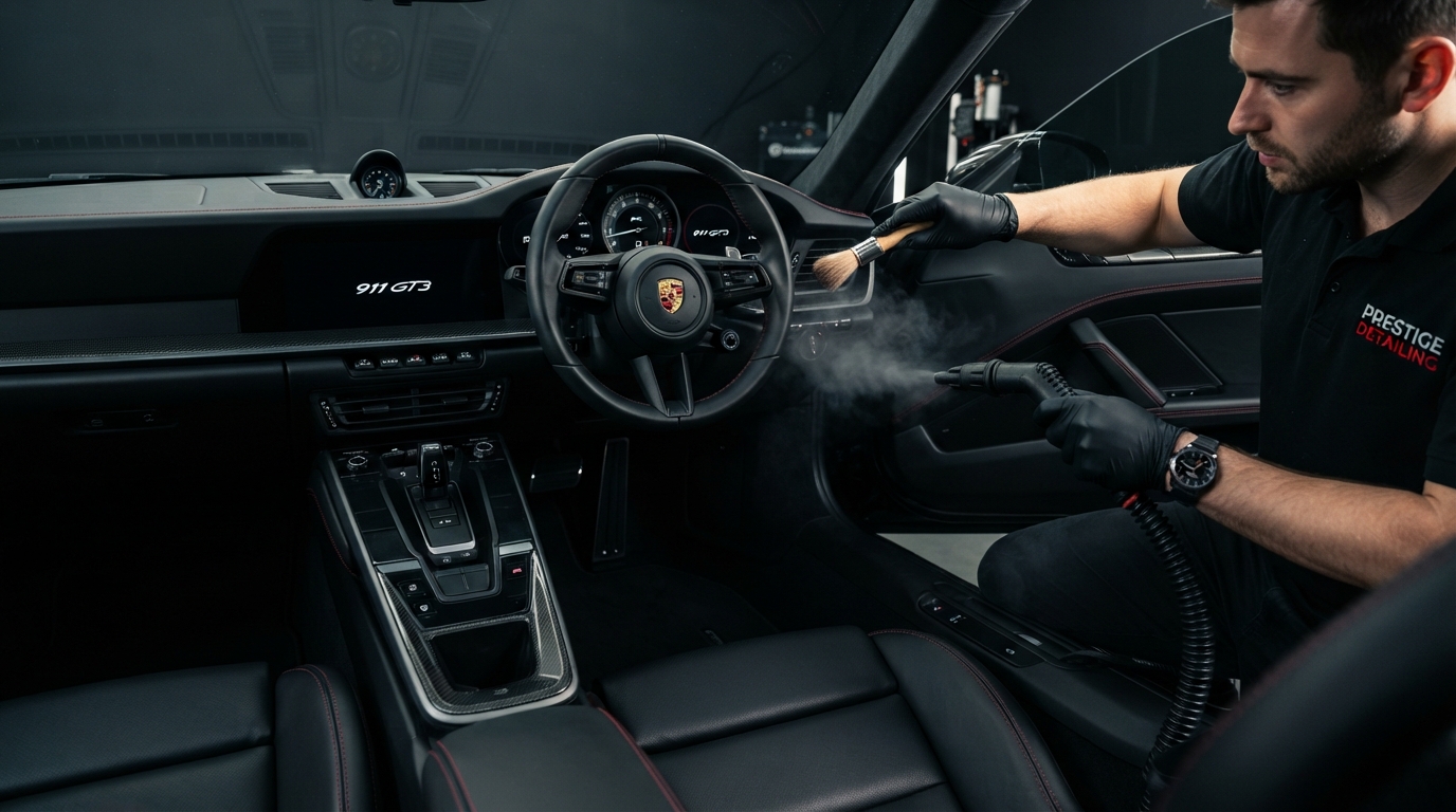 Palm Prestige technician detailing a luxury car interior in Delray Beach