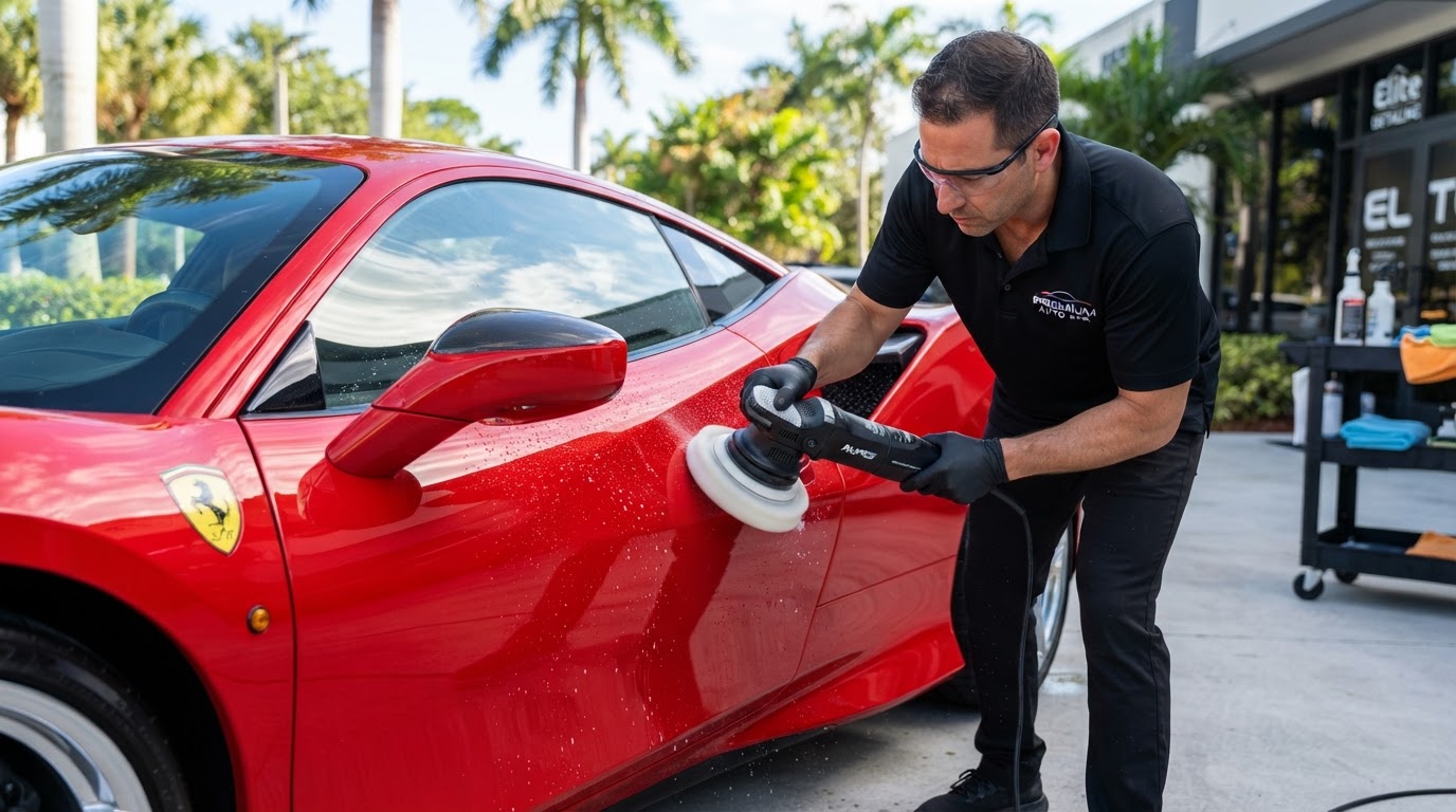 Palm Prestige technician polishing a luxury car exterior in Delray Beach