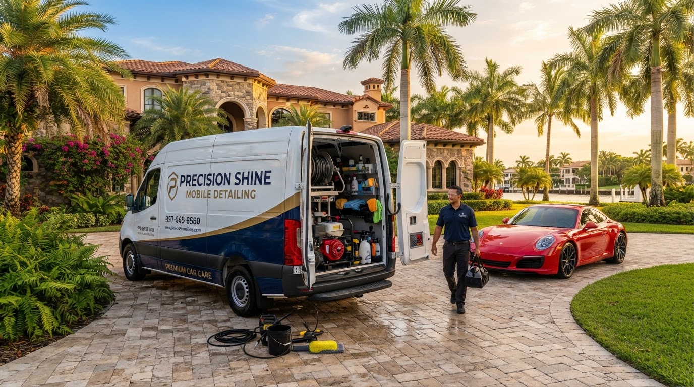 Palm Prestige mobile detailing van at a Delray Beach driveway
