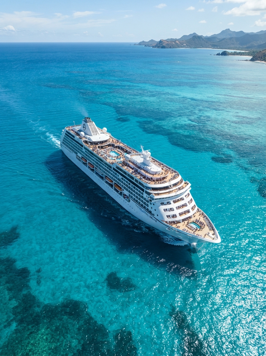 Cruise ship sailing on open turquoise ocean at golden hour