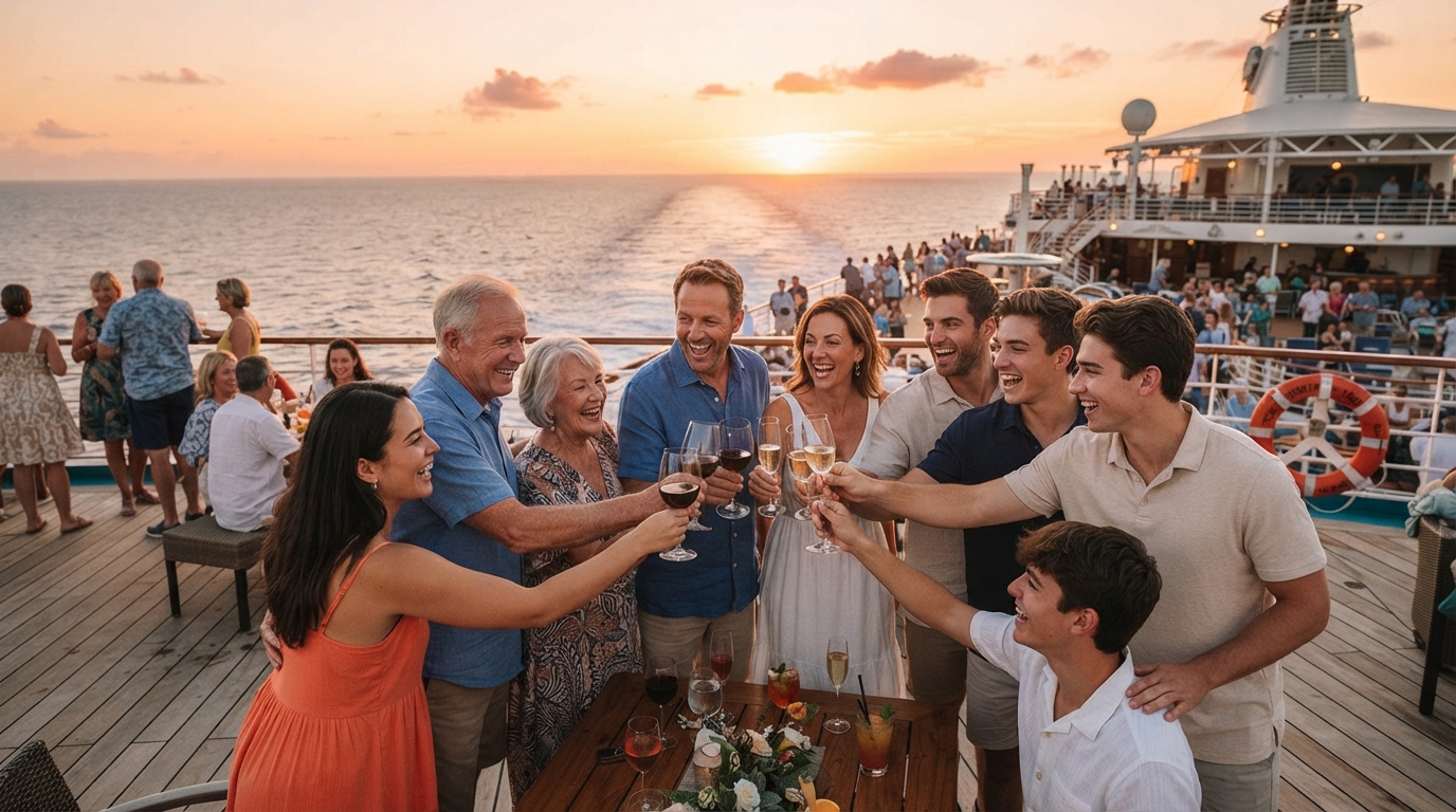Group of friends and family celebrating together on a cruise ship deck at sunset