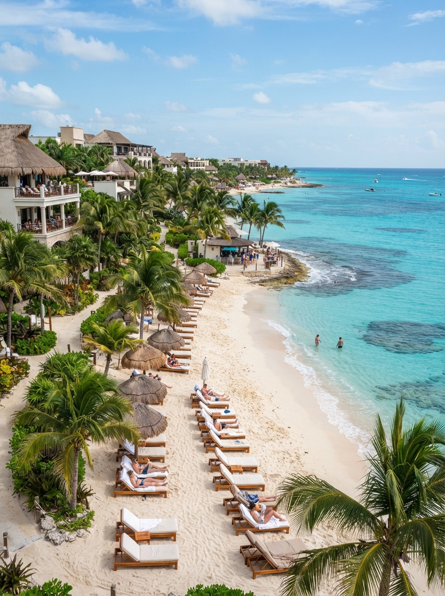Tropical beach resort with white sand, palm trees, and turquoise water