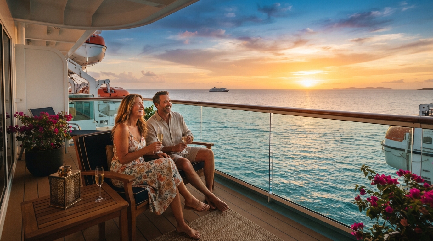 Cruise ship balcony view over calm turquoise ocean at sunset