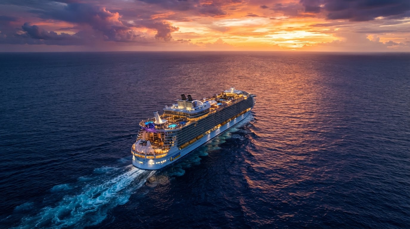 Cruise ship sailing on deep blue ocean at sunset