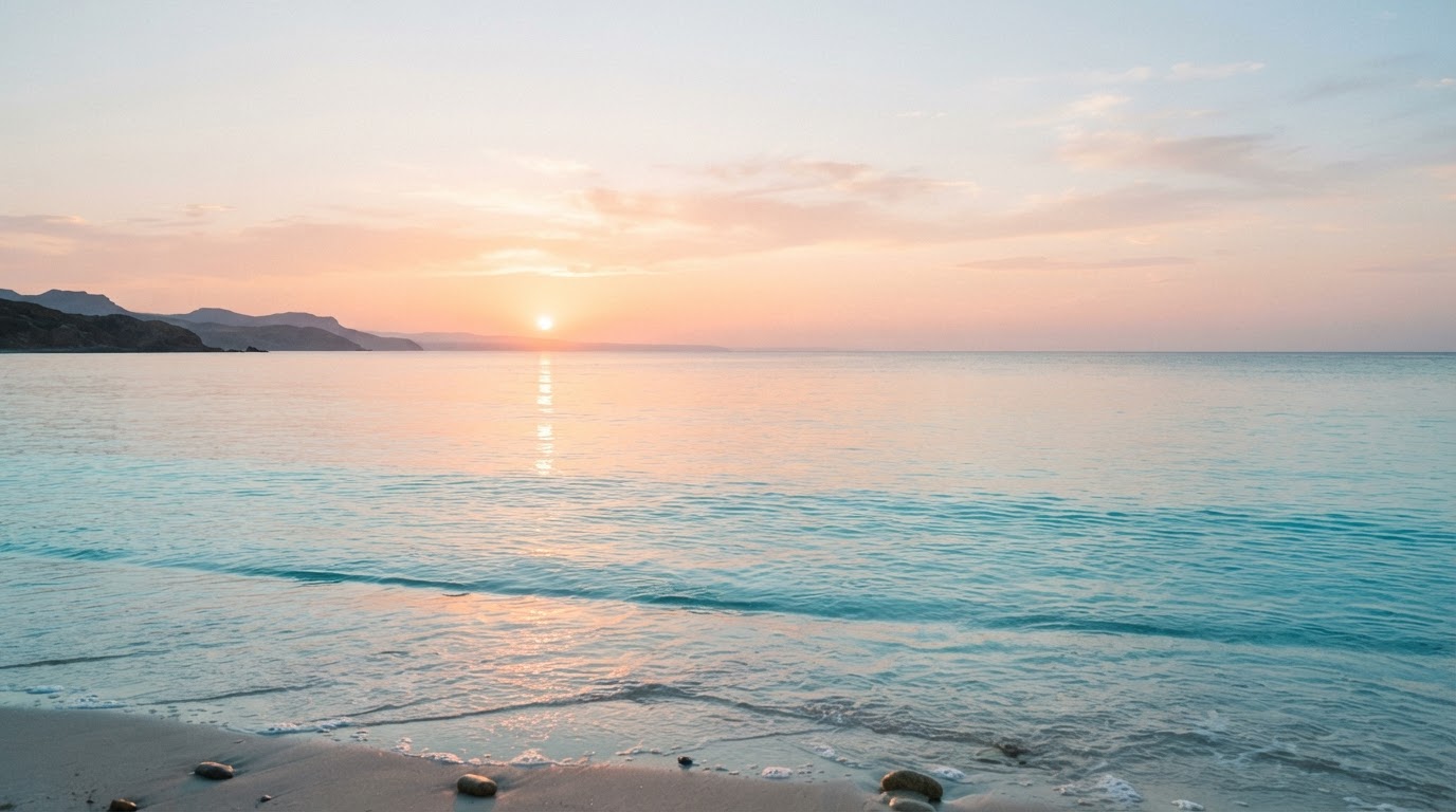 Calm ocean horizon at sunrise with warm light reflecting on turquoise water