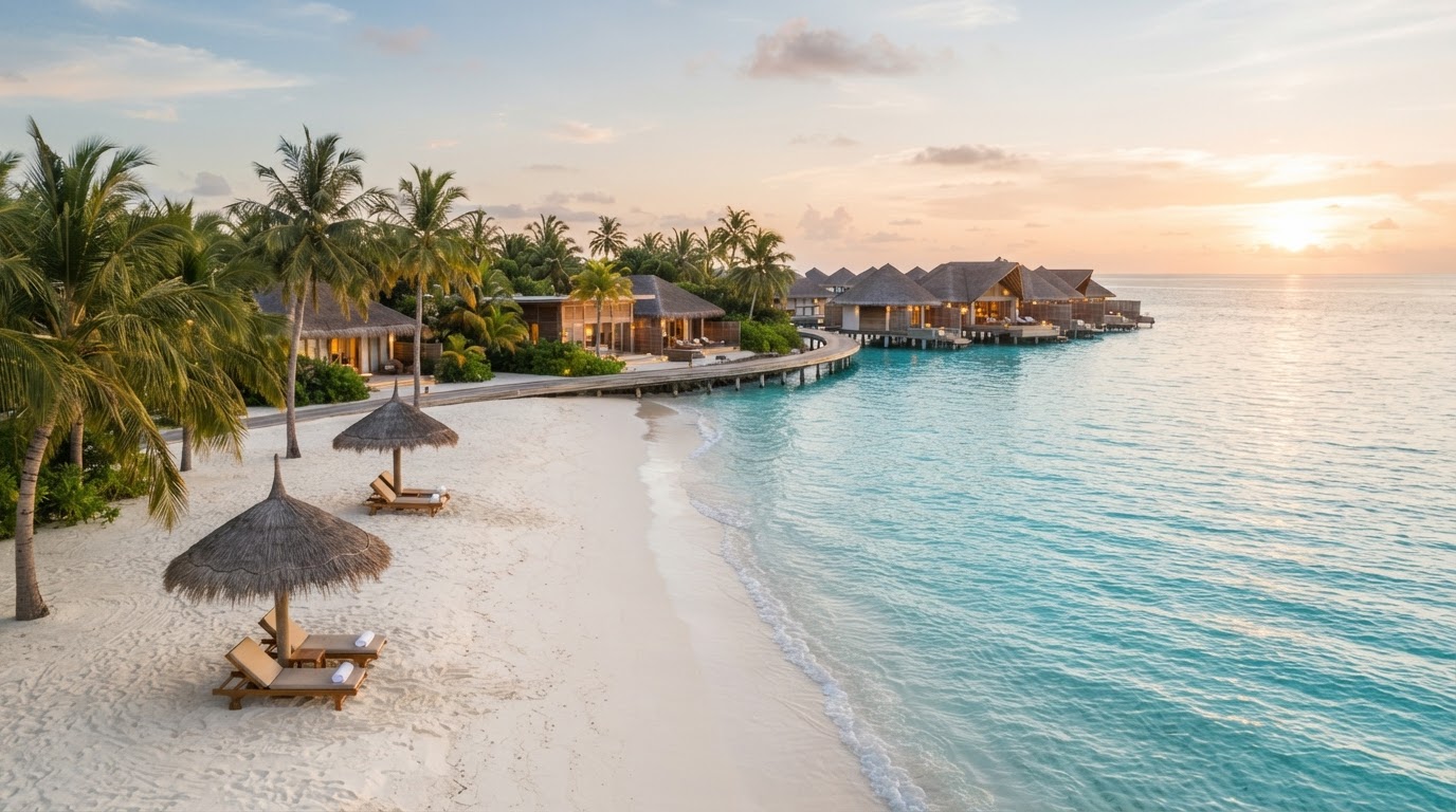 Tropical beach resort with turquoise water, white sand, and palm trees at golden hour