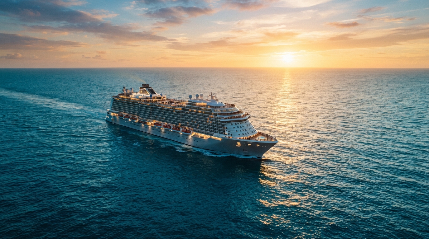 Modern cruise ship sailing across turquoise ocean waters at golden hour