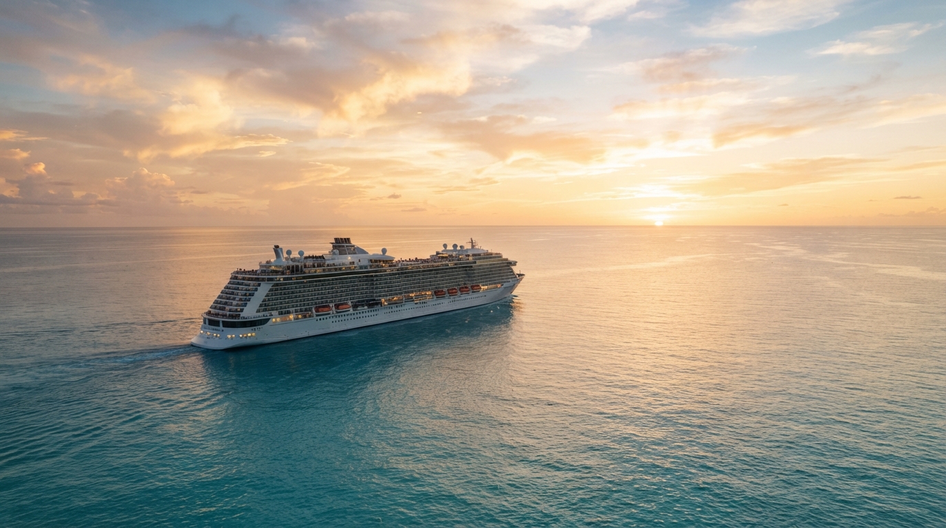 Luxury cruise ship sailing across turquoise Caribbean waters at golden hour