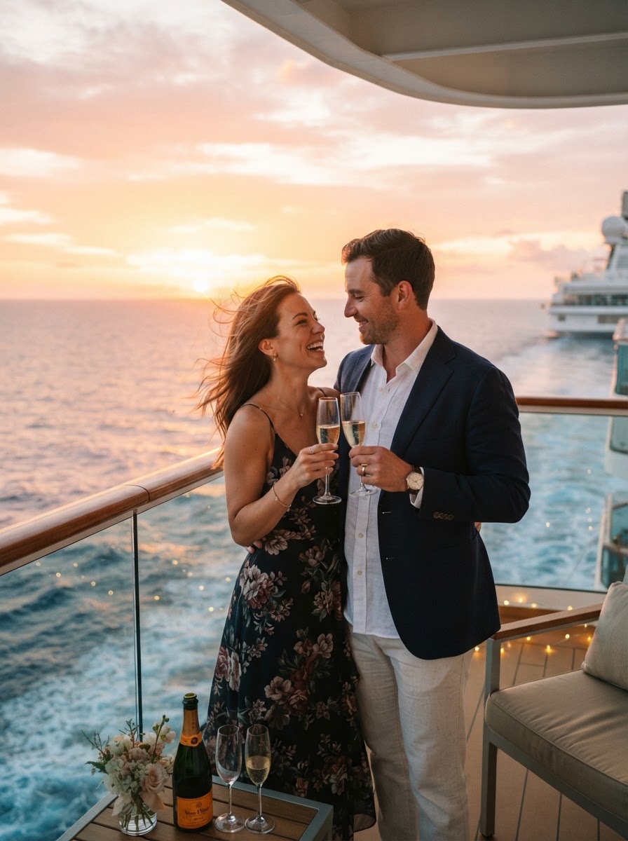 Couple toasting champagne on a cruise balcony overlooking the ocean