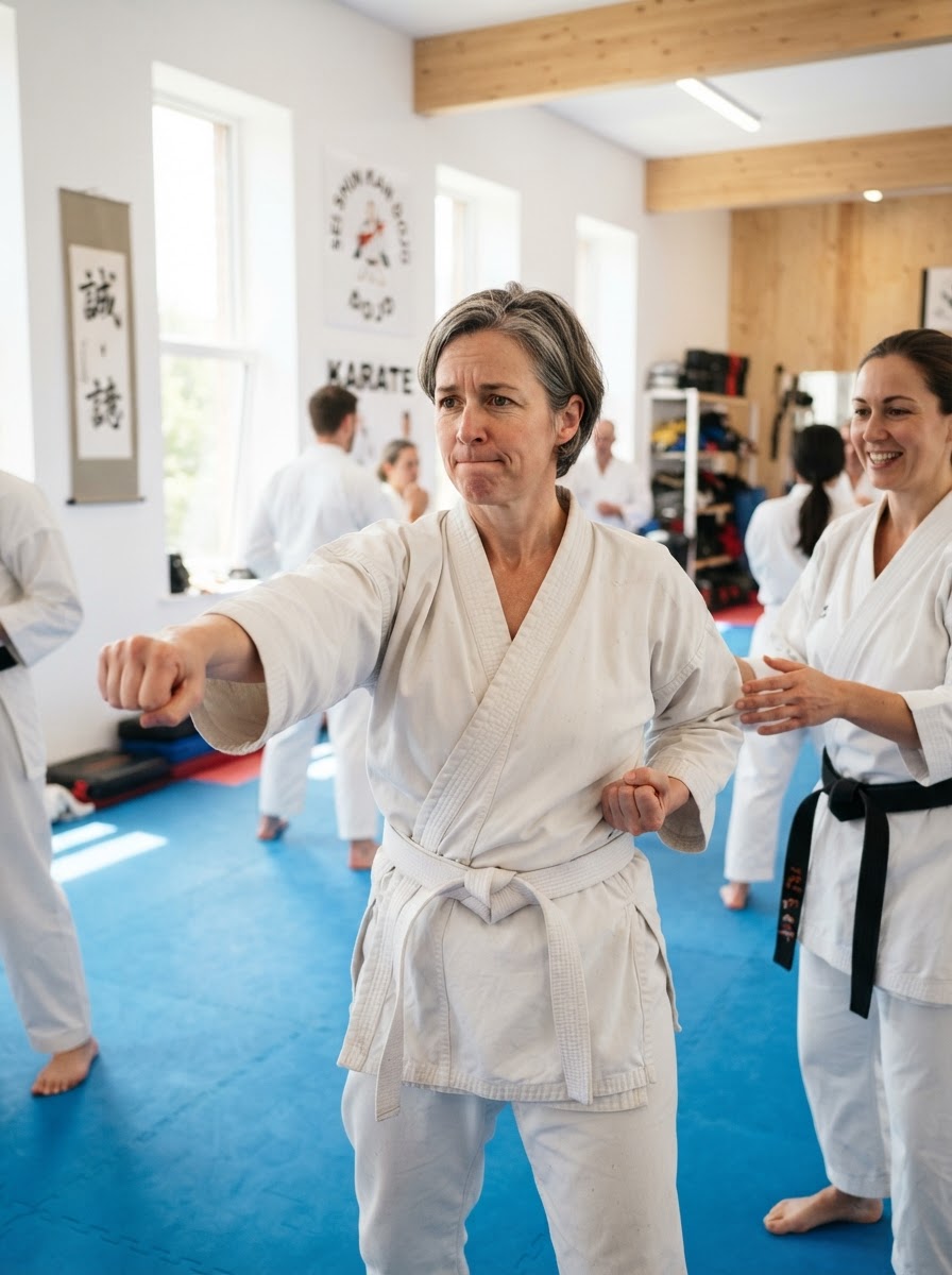 Adult martial arts beginner in white karate gi ready for first training session