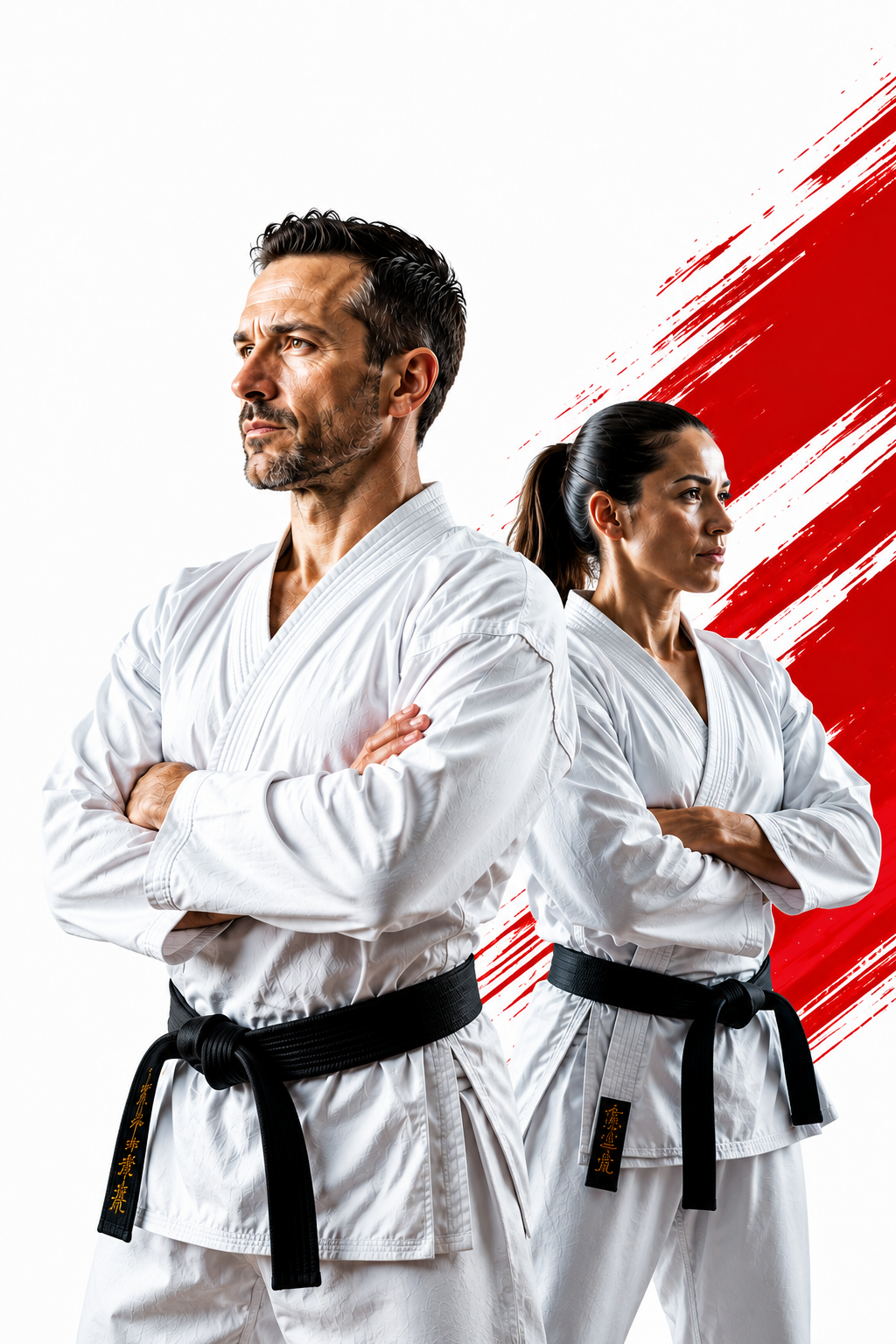 Two martial arts instructors in white karate gis with black belts