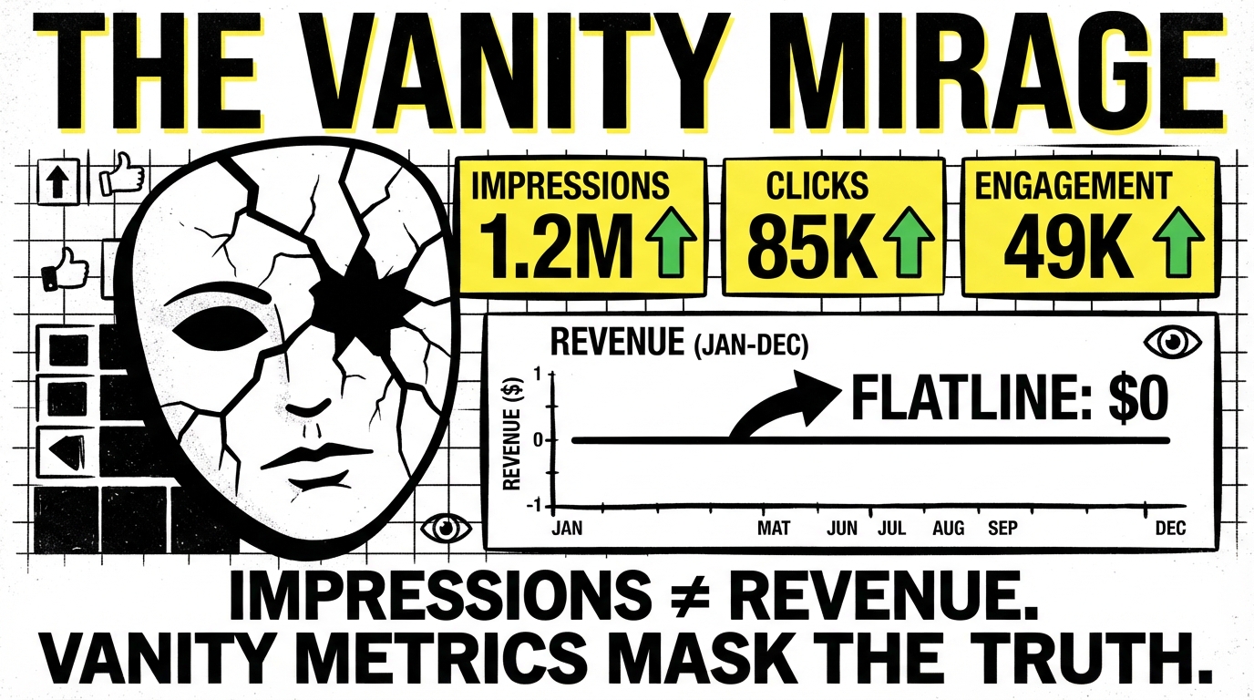 A marketing dashboard showing vanity metrics with green up arrows while a revenue line graph stays flat, with a cracked mask overlay — illustrating how agencies hide behind vanity metrics