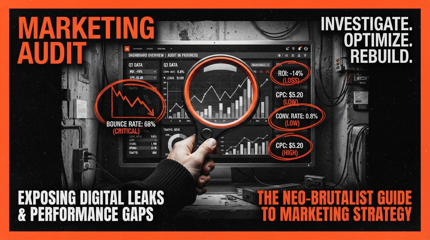 A magnifying glass examining a marketing dashboard with broken metrics circled in red, illustrating what a marketing audit reveals