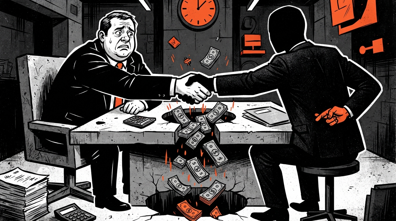 A handshake between a business owner and a shadowy agency figure with crossed fingers behind their back, money falling through a hole in the table — illustrating the conflict of interest in agency relationships
