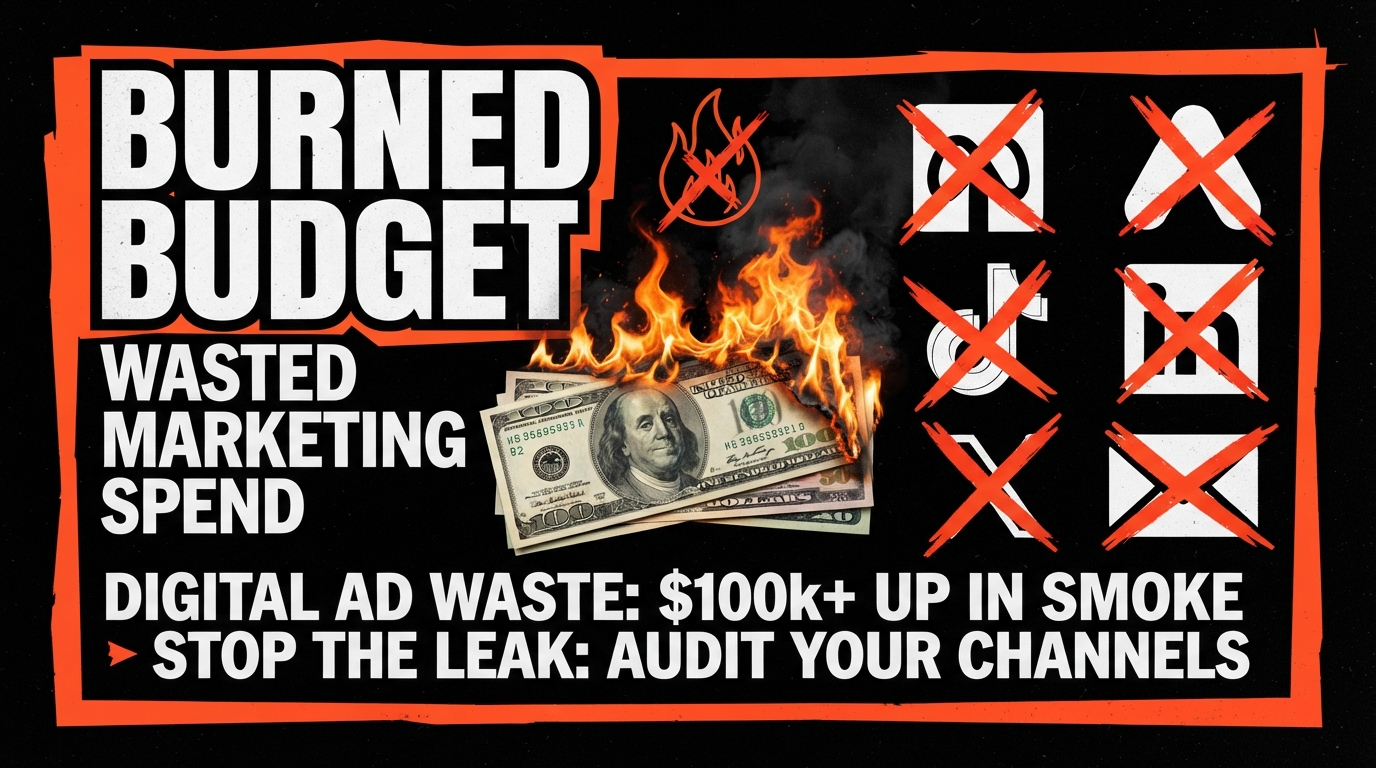 Dollar bills burning alongside marketing channel icons with red X marks, showing wasted marketing spend across channels