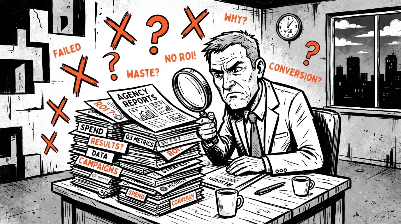 A business owner examining marketing agency reports with a magnifying glass, surrounded by red X marks and question marks — illustrating the marketing agency trust crisis