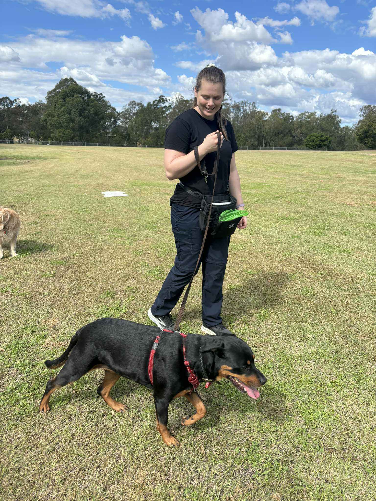 Sammy Crisp gently holding and bonding with a client dog