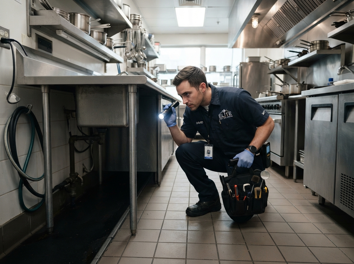 Professional pest control technician inspecting commercial kitchen for cockroach infestation signs using flashlight and professional equipment