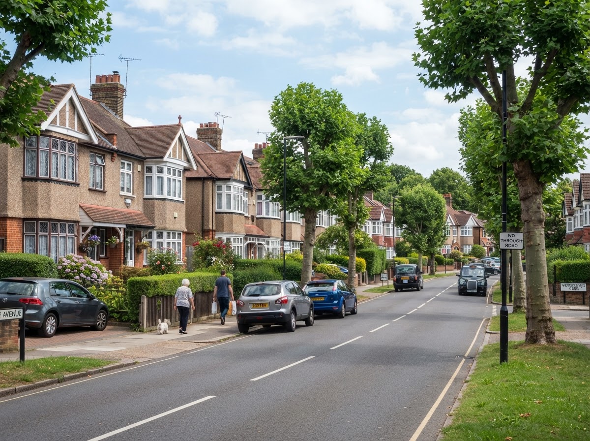 Suburban street view typical of Worcester Park area