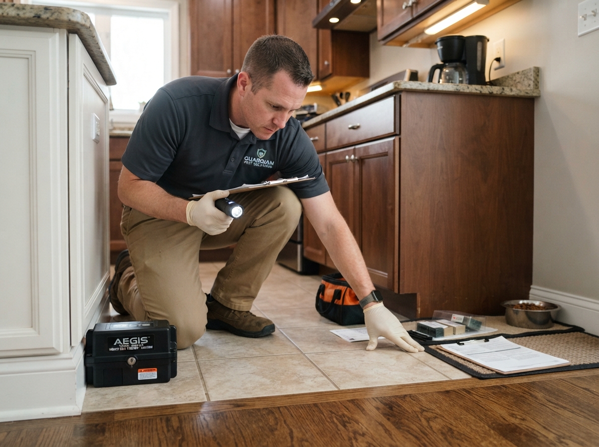 Pest control technician placing mouse bait stations under kitchen cabinets for mouse control treatment