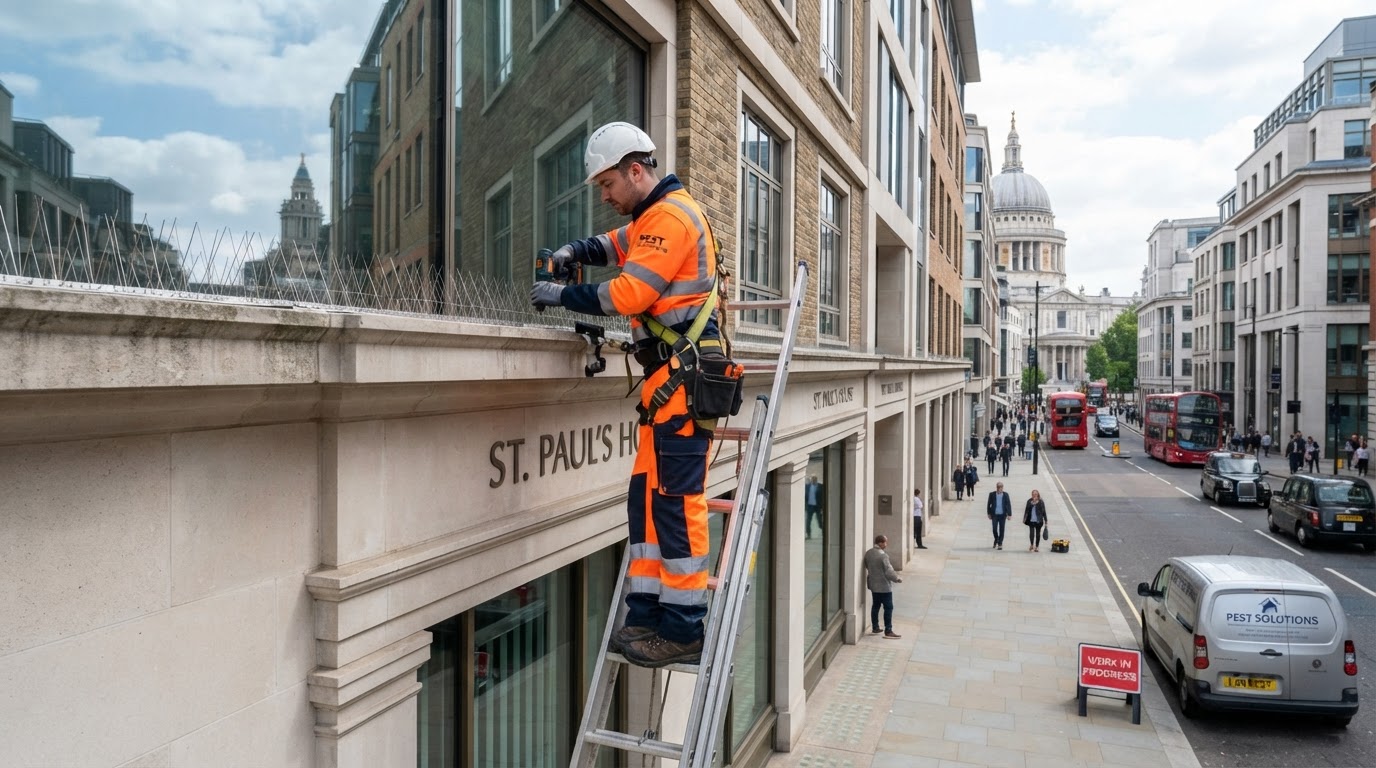 Professional pest control technician safely installing anti-pigeon spikes and bird proofing system along a commercial building ledge