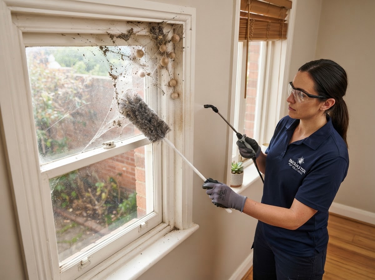 Spider web and egg sacs in window corner being removed by pest control technician during treatment