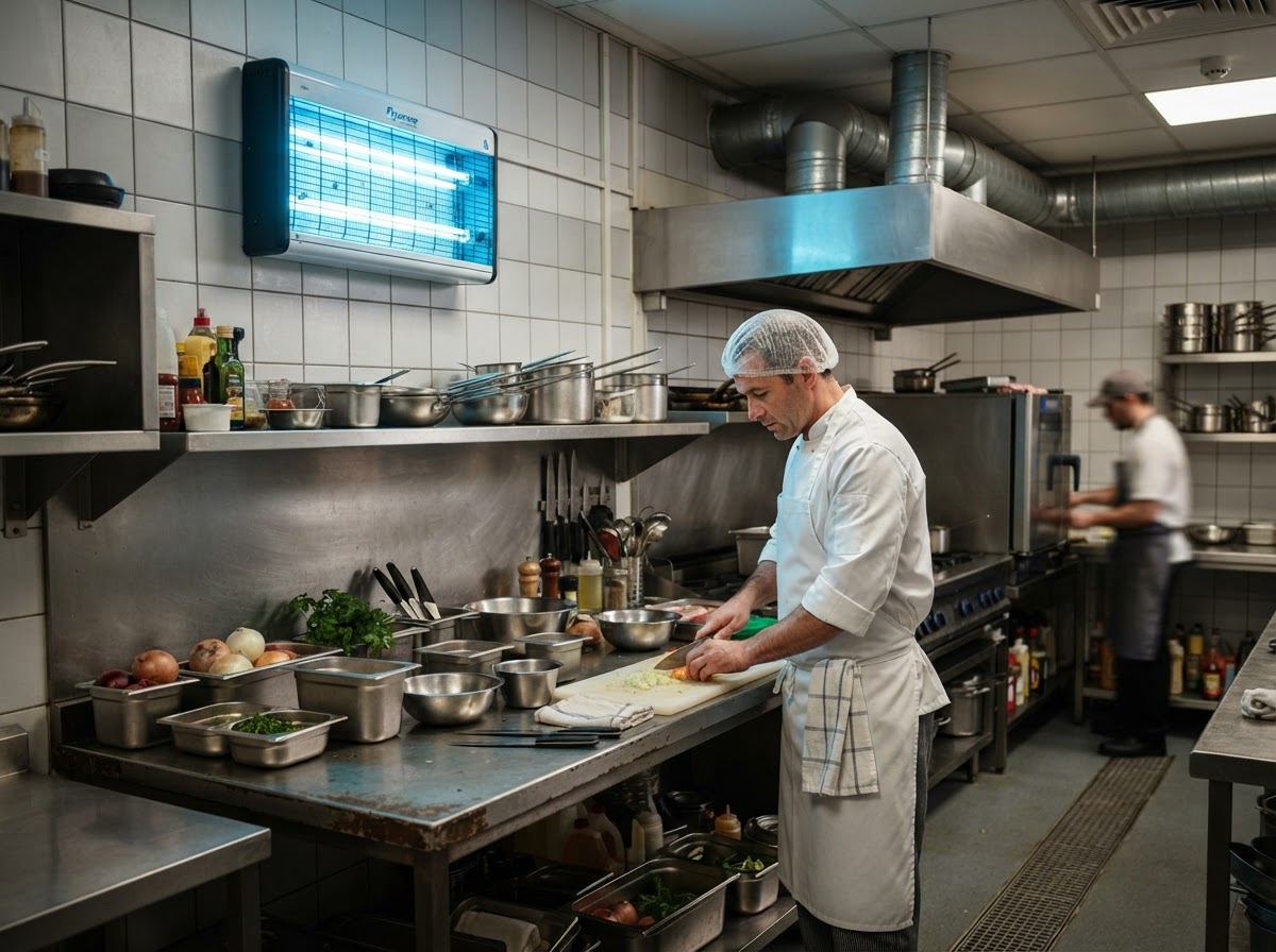 UV electric fly killer unit installed in professional restaurant kitchen above food preparation area