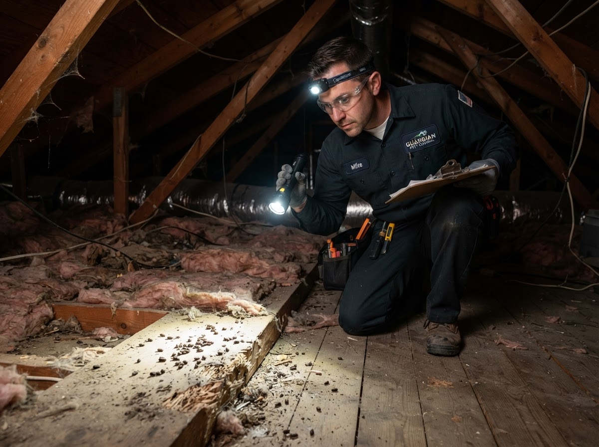 Pest control technician with flashlight inspecting dark loft space for rat activity and entry points