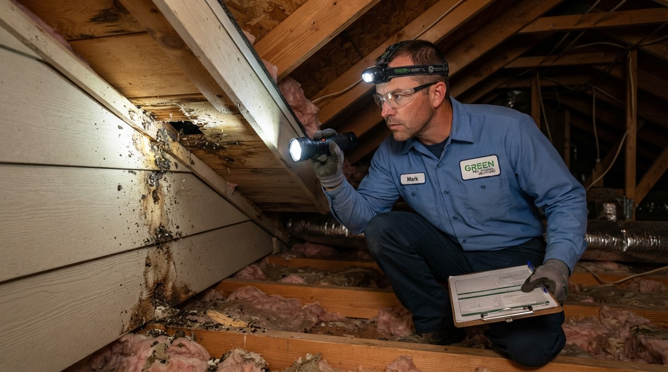 Professional pest control technician in uniform inspecting residential loft roof eaves and soffit areas for squirrel entry points using a flashlight