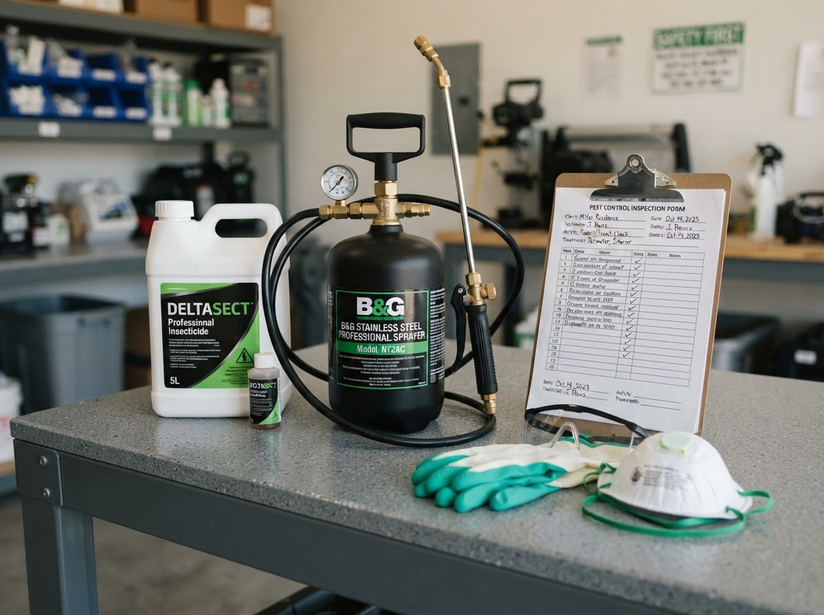 Professional pest control equipment including sprayer and clipboard for inspections
