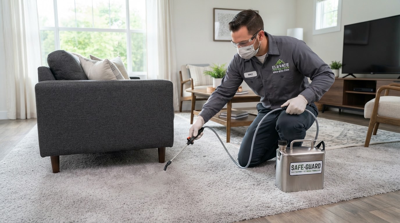 Professional pest control technician applying flea treatment spray to carpets and furniture in a clean home living room