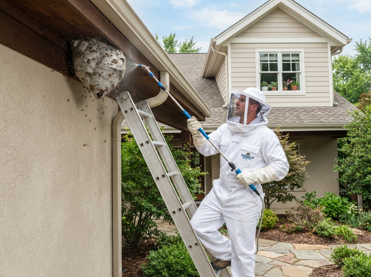 Professional pest control technician in full protective suit removing wasp nest from roof eaves with extension pole