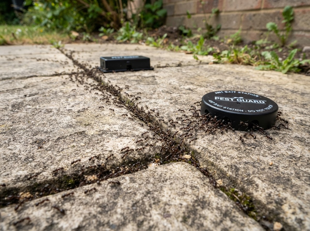 Garden ant trail on patio paving with professional bait stations placed strategically for ant colony elimination