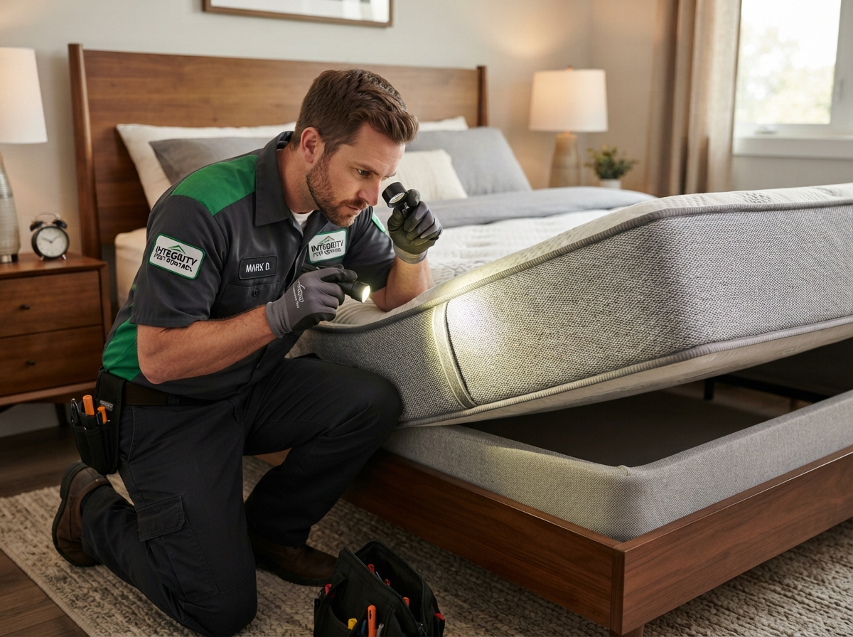 Professional pest control technician inspecting bedroom mattress for bed bugs with flashlight and professional equipment