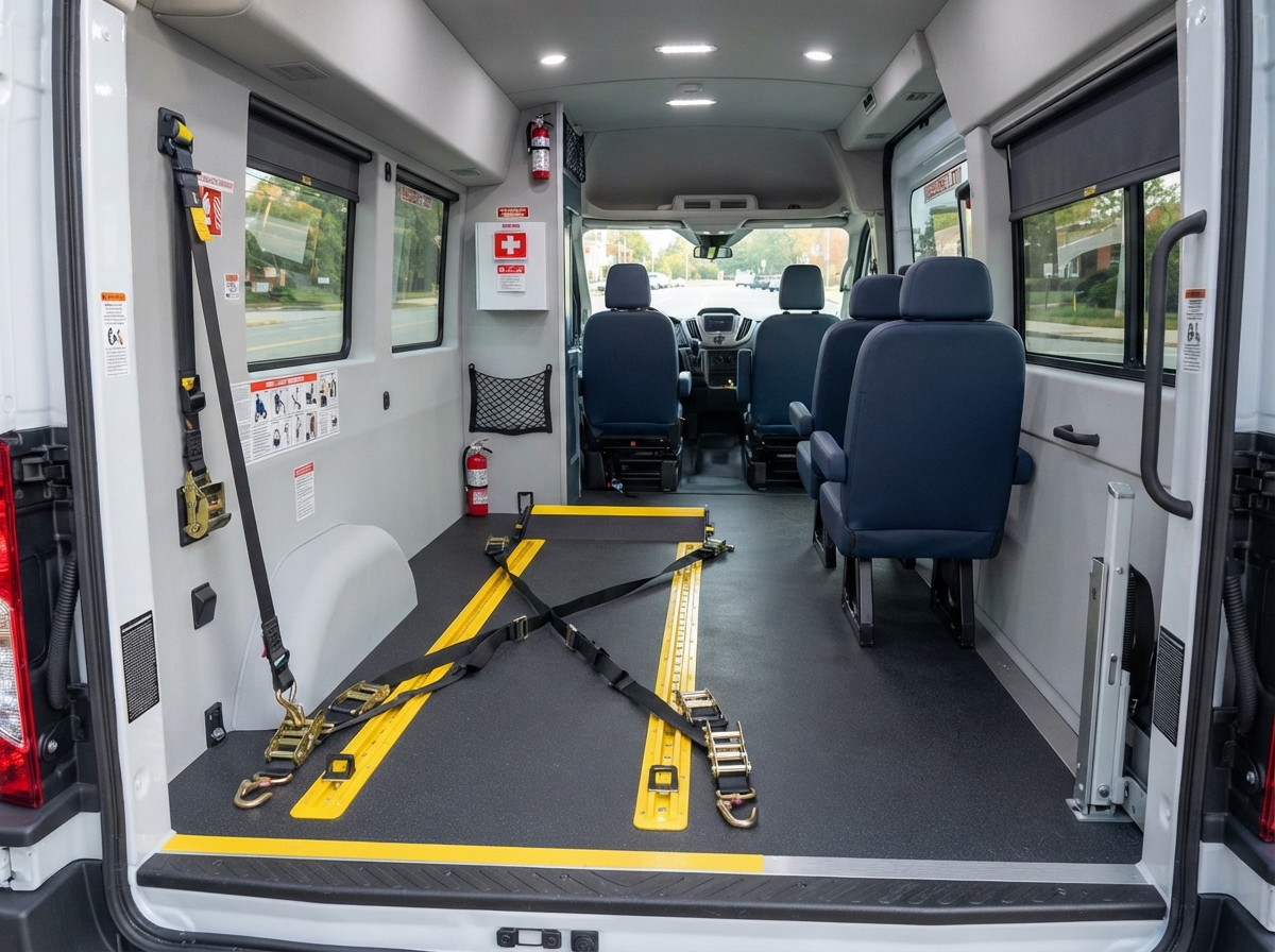 Accessible passenger vehicle with wheelchair ramp and securement equipment in a Sky Harbor Shuttle NEMT transportation fleet vehicle