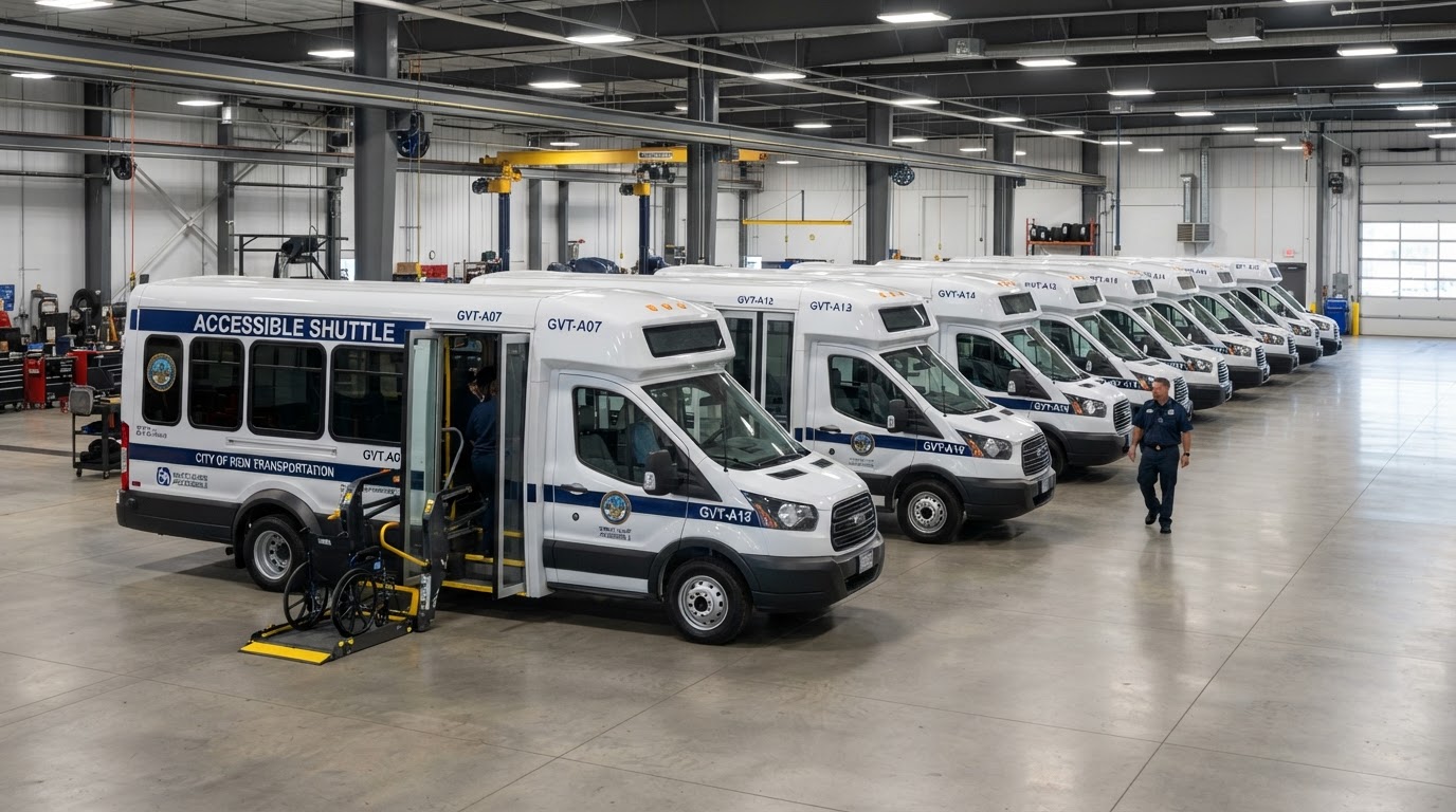 Sky Harbor Shuttle fleet of wheelchair-accessible government transportation vehicles lined up at facility