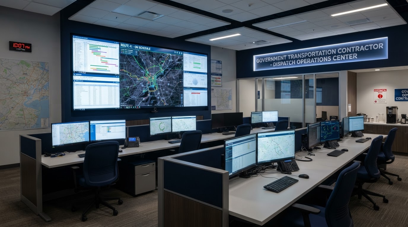 Sky Harbor Shuttle technology-supported dispatch operations center with scheduling software and route coordination monitors
