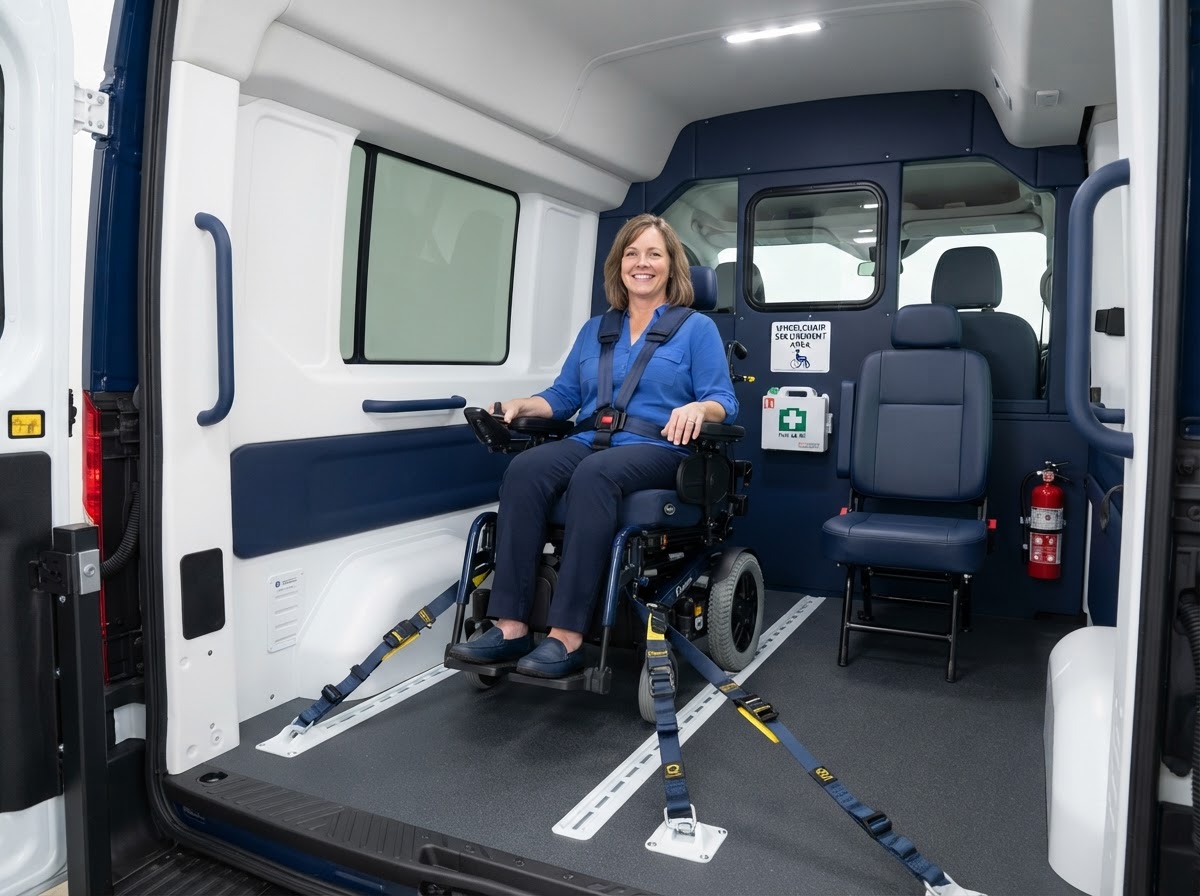 Accessible VA transportation vehicle interior with wheelchair securement system for Veteran medical transportation