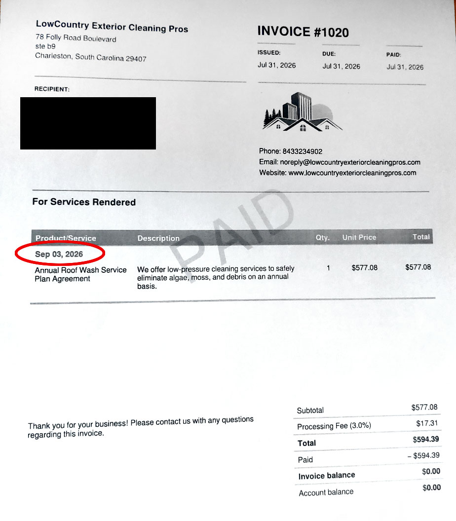 Paid Invoice #1020 ($594.39) showing Date Discrepancy