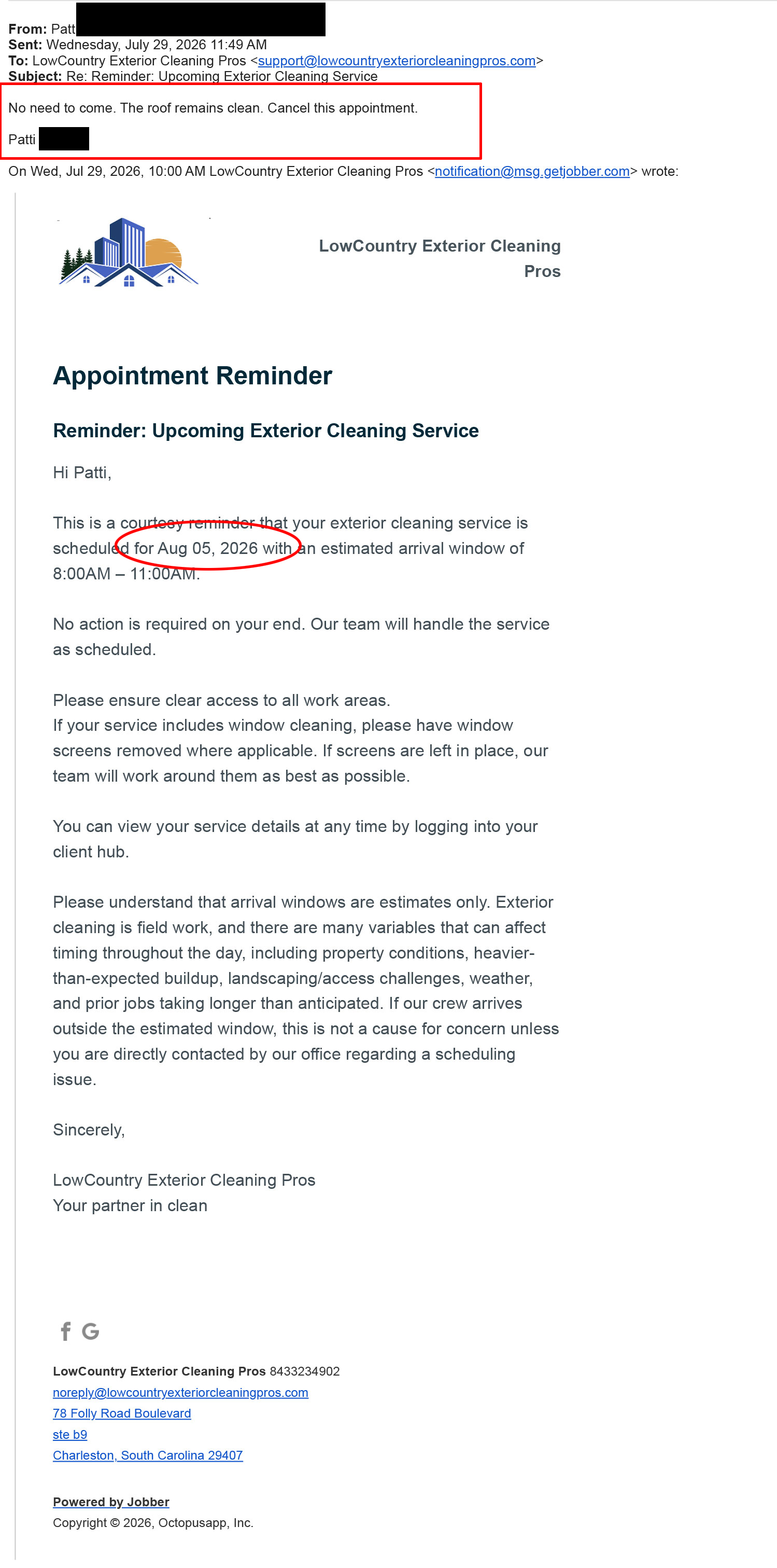 Appointment Reminder & Cancellation Reply (Jul 29, 2026)
