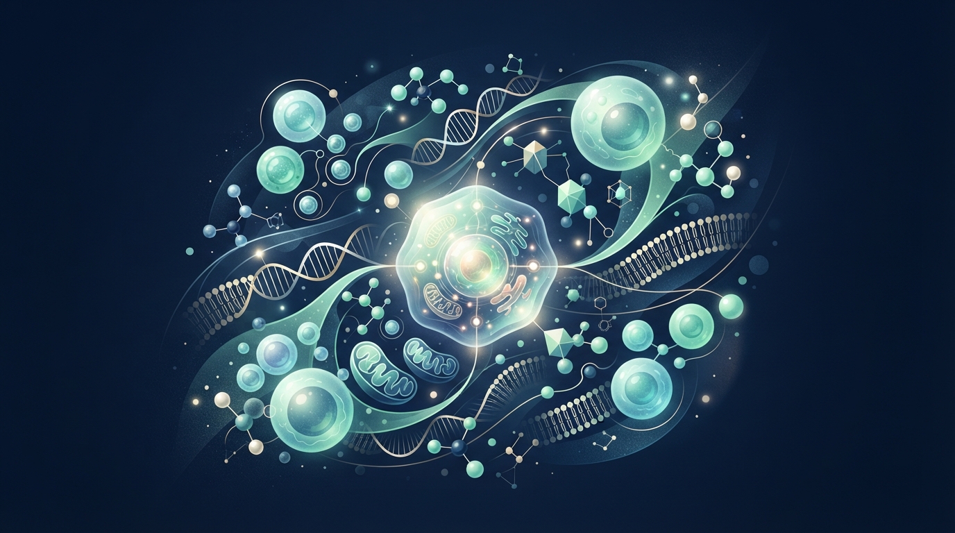 Abstract scientific illustration of cellular wellness and molecules in green and navy tones