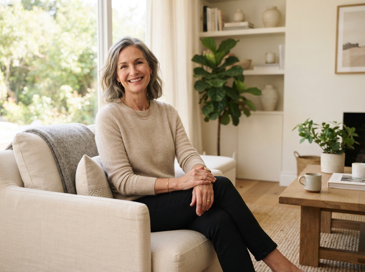Confident woman in her 50s relaxing in a bright, comfortable living room