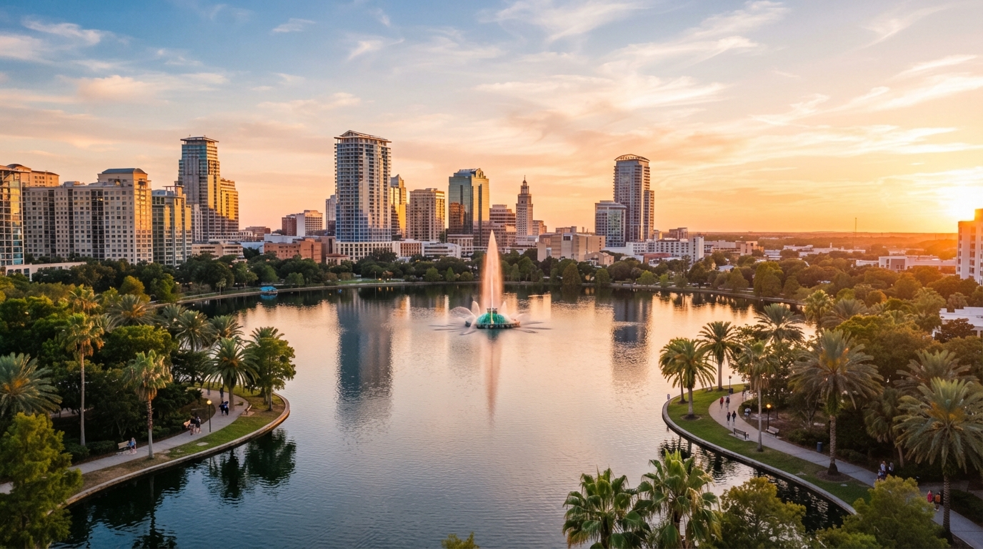 Warm sunny view of Orlando Florida skyline with palm trees at golden hour
