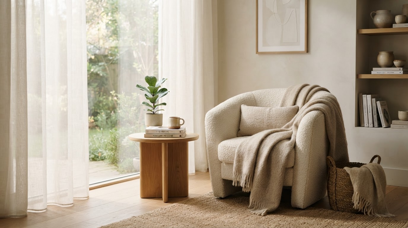 Serene, sunlit modern home interior — personal story photo placeholder