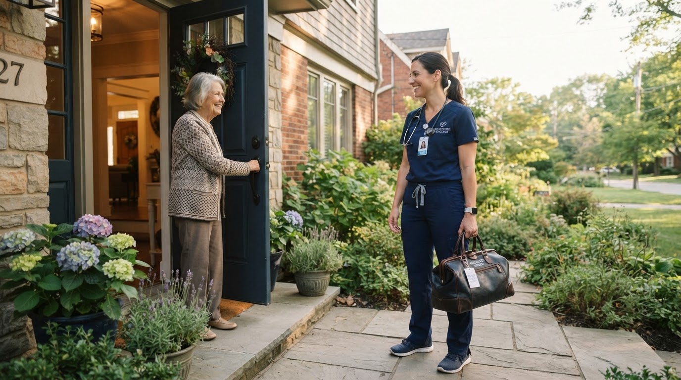A professional nurse arriving at a comfortable home with a medical bag