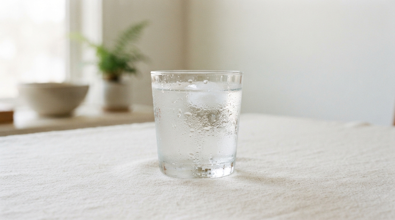 A glass of water with condensation on a clean cream surface