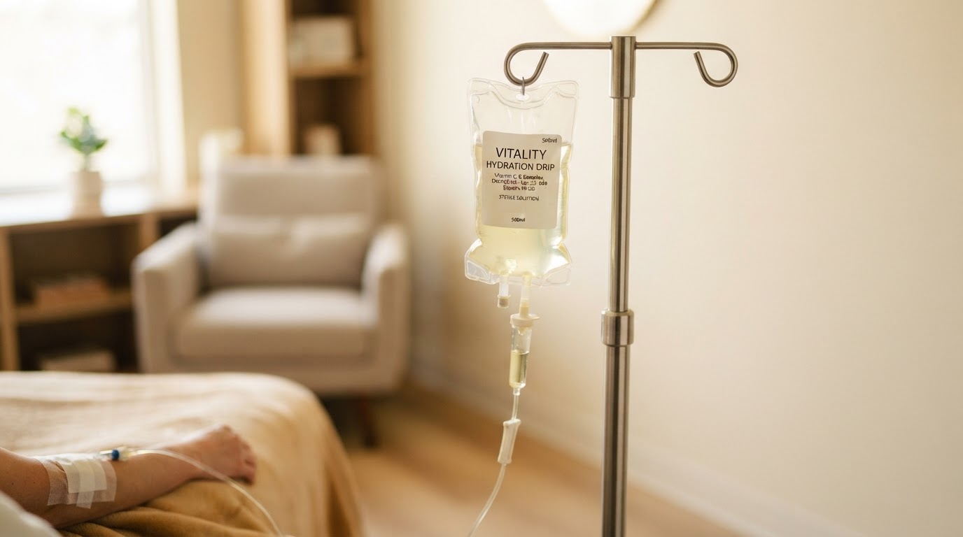 IV hydration drip bag with vitamins on a stand in a calm home setting